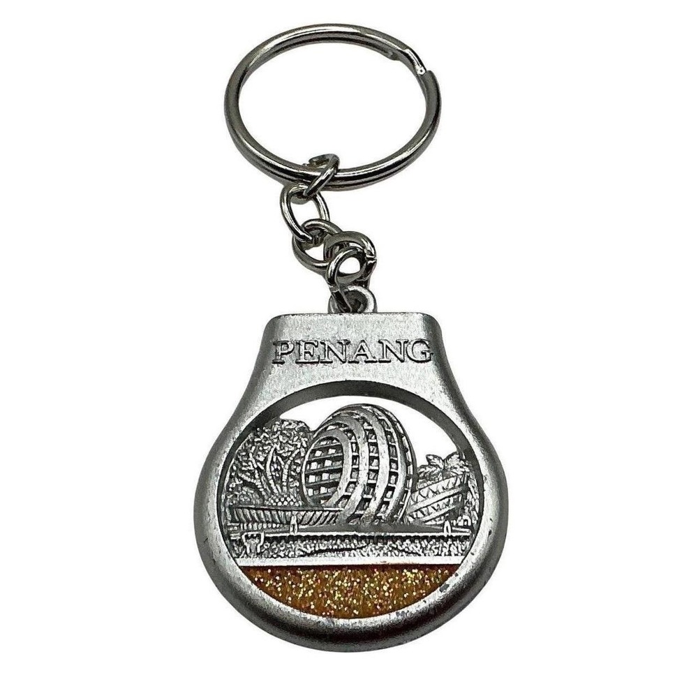 Penang Malaysia Souvenir Keychain Silver Tone Landmark Gold Glitter